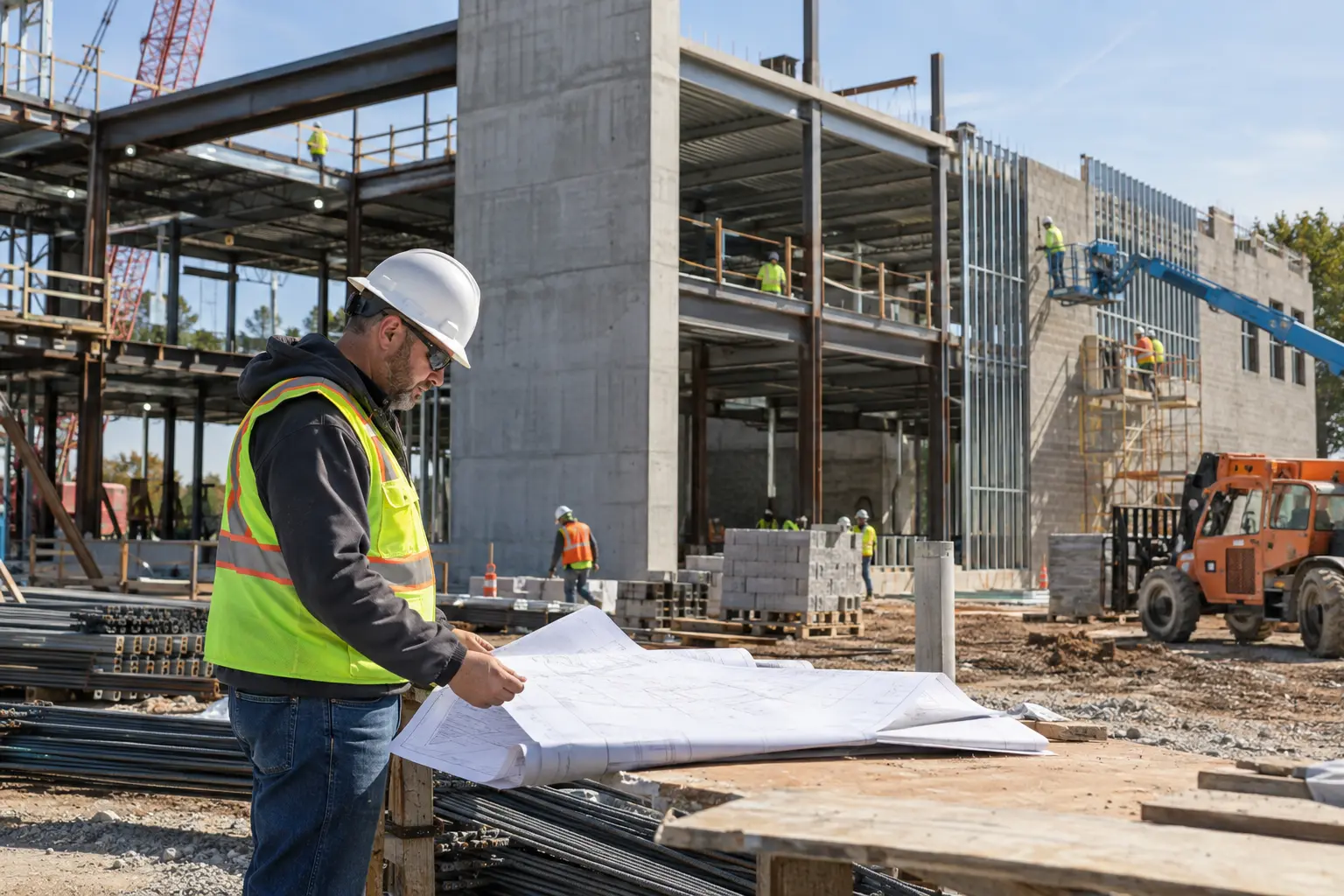 Superintendent reviewing plans on an organized commercial construction project
