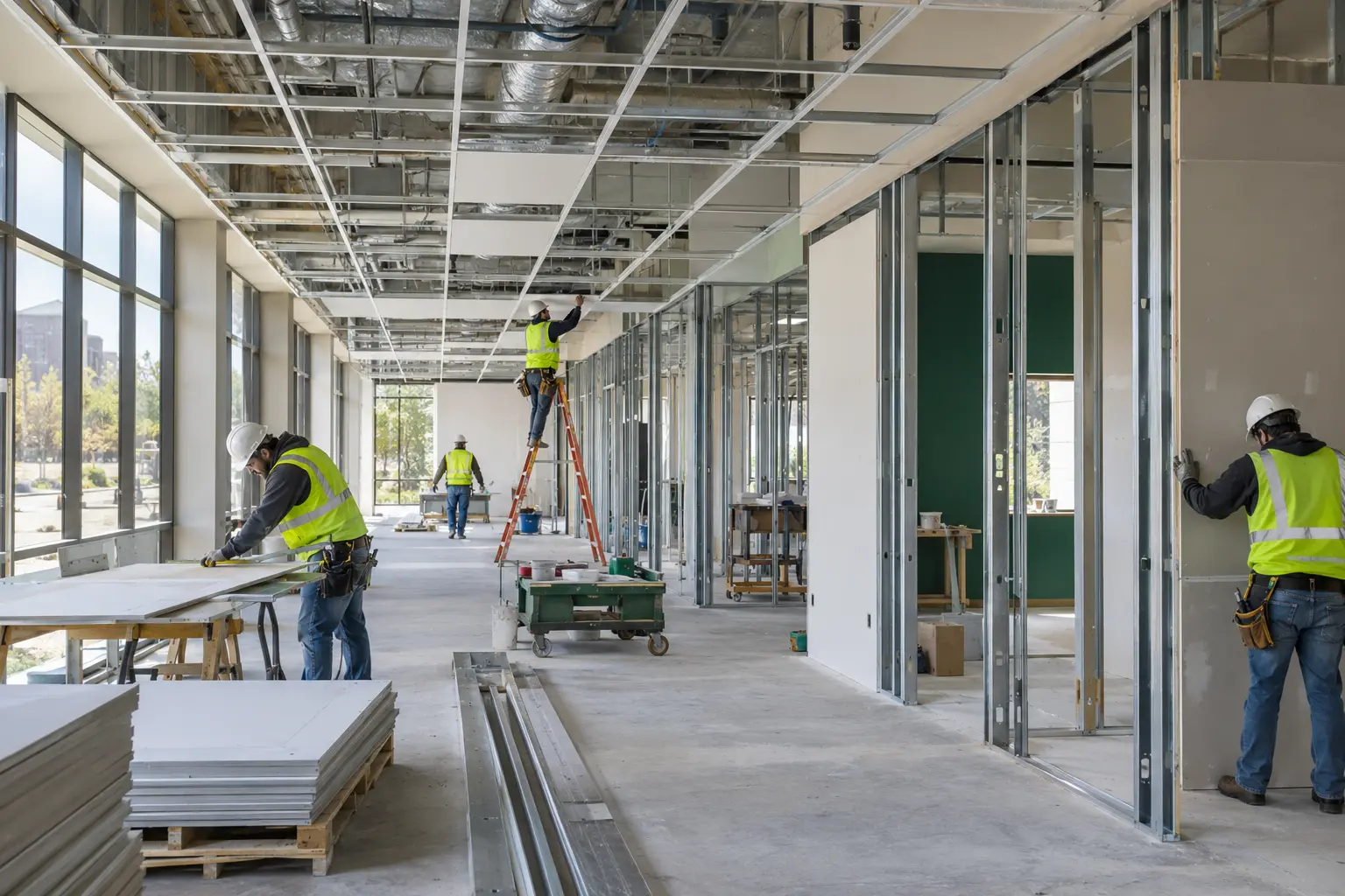 Commercial tenant finish-out with metal framing, drywall, and ceiling installation