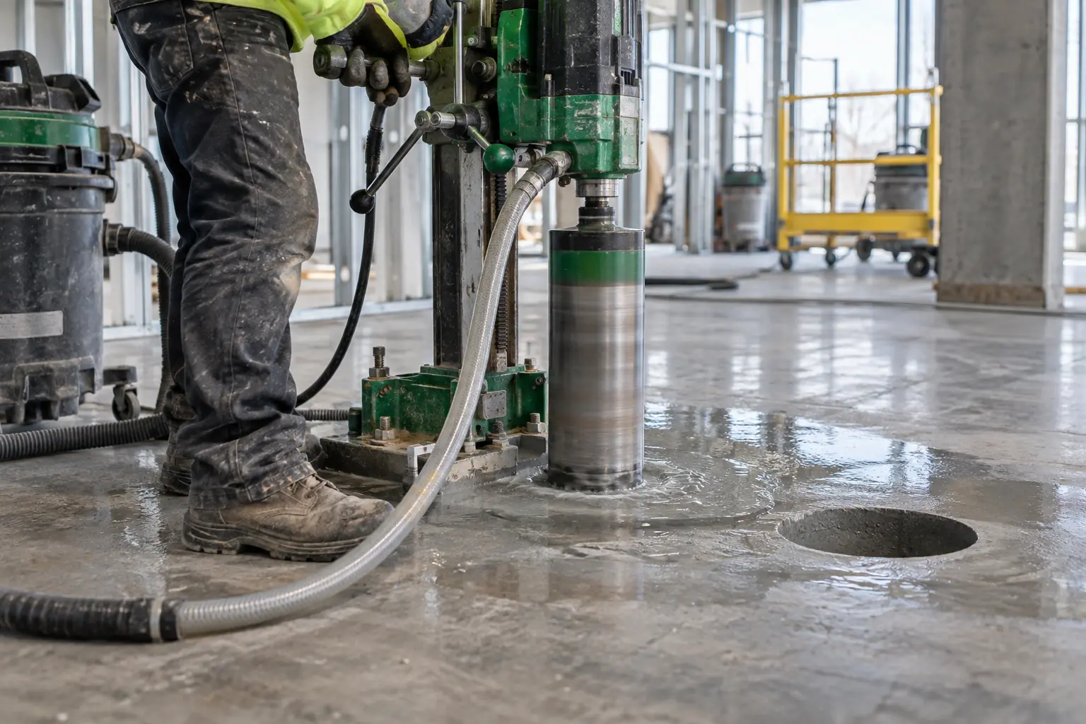Commercial concrete core drilling with water control on an active construction project